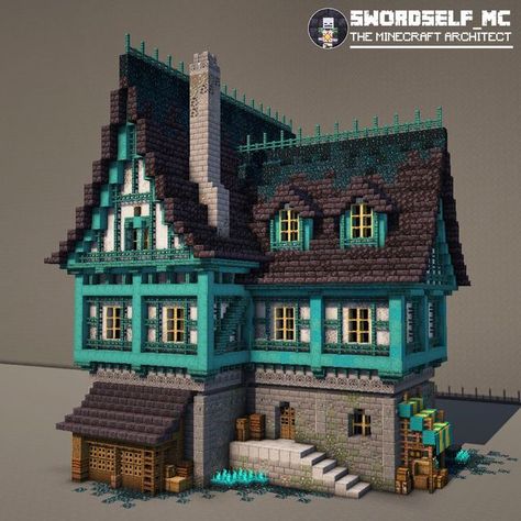 Small Minecraft Castle Blueprints, Minecraft Detailed Houses, House Minecraft Blueprints, Minecraft House Detailing, Minecraft Build Aesthetic Ideas, Minecraft Exterior Design Ideas, Warped Stem Houses Minecraft, Minecraft Warped Wood House, Minecraft Creative Houses