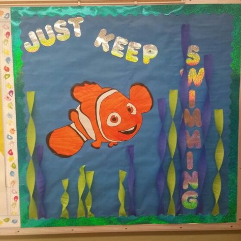 Bulletin board Nemo Nemo Bulletin Board Ideas, Underwater Hallway, Nemo Bulletin Board, 2023 Classroom, Hallway Decoration, Daycare Ideas, Bulletin Board Ideas, Family Engagement, Ocean Theme