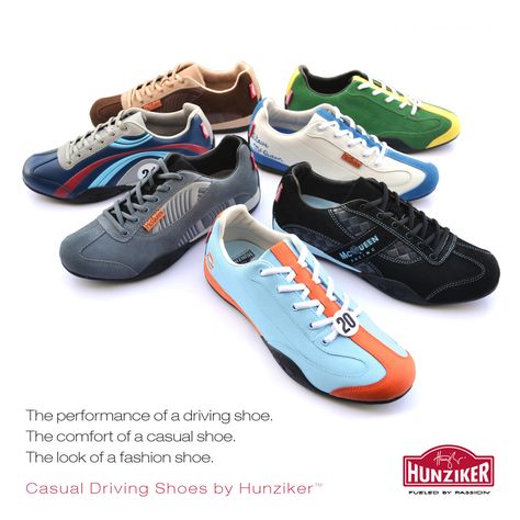 The Hunziker Casual Driving Shoe Collection is here.  Find the perfect shoe to express your love of sports cars, motorsports and the classic car lifestyle. Inspired by Gulf Oil, Steve McQueen, Porsche and Lotus. Everyday Tennis Shoes, Drive A Car, Gulf Oil, Car Lifestyle, Driver Shoes, Futuristic Shoes, Comfortable Running Shoes, Driving Shoes Men, Racing Shoes