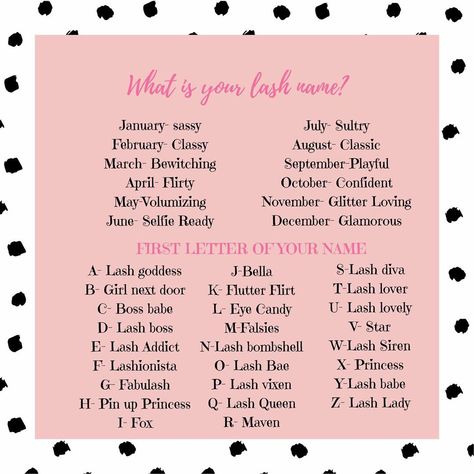 Kimberly Barton on Instagram: “What is your lash name? I made this one for my pop up launch as an engagement game. My name is in the comments💖” Lash And Nails Business Name, Lashes Names, Buisness Name Ideas, Makeup Business Names, Lashes Quotes, Lash Names, Pinterest Board Names, Entrepreneur Goals, Lashes Tutorial