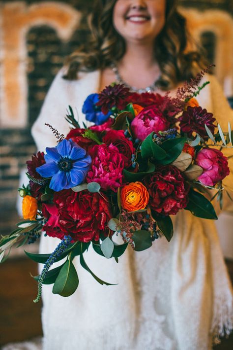 Such a lush bouquet of mostly burgundy blooms sprinkled with orange ranunculus and those blue anemones! ~ we ❤ this! moncheribridals.com Jewel Wedding Colors, Jewel Tone Wedding Flowers, Bright Wedding Bouquet, Katie White, Bridal Bouquet Blue, Winter Wedding Bouquet, Something Blue Bridal, Jewel Tone Wedding, Winter Bouquet