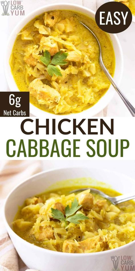 A quick and easy to make keto chicken cabbage soup with curry. If you love the spices used in Indian cooking, this stew will be a real treat. Stove Top Cabbage, Cabbage Chicken Soup, Chicken And Cabbage Soup, Cabbage Soup Instant Pot, Chicken Cabbage Soup, Soup With Curry, Cabbage Soup Crockpot, Cabbage Soup Diet Plan, Cabbage Curry