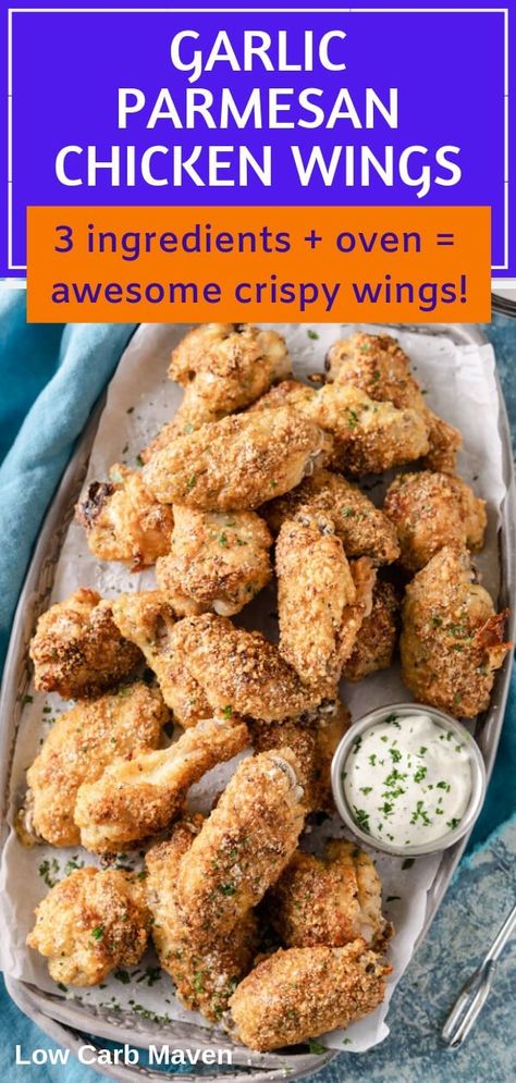 These baked garlic parmesan chicken wings are crispy and so easy to make. Three low carb ingredients make them the tastiest keto wings around. #wings #chicken Hobbit Pantry, Baked Garlic Parmesan Chicken Wings, Parmesan Chicken Wings Baked, Keto Wings, Chicken Wings Baked, Keto Chicken Wings, Baked Garlic Parmesan Chicken, Parmesan Wings, Wings Chicken