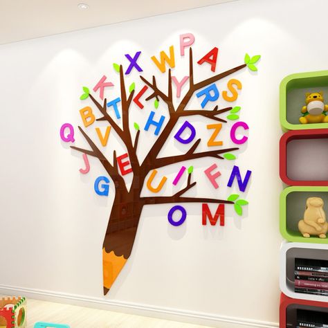 3D Letters Tree Wall Sticker Decorative Children Room Kindergarten DIY Cartoon Wall Stickers Decals Wallpaper S/M/L Kids Gift _ - AliExpress Mobile Kindergarten Corridor, School Wall Art Ideas, Preschool Painting, Decoration Creche, Room Kindergarten, Lab Ideas, Tree Acrylic, Pencil Trees, Classroom Wall Decor