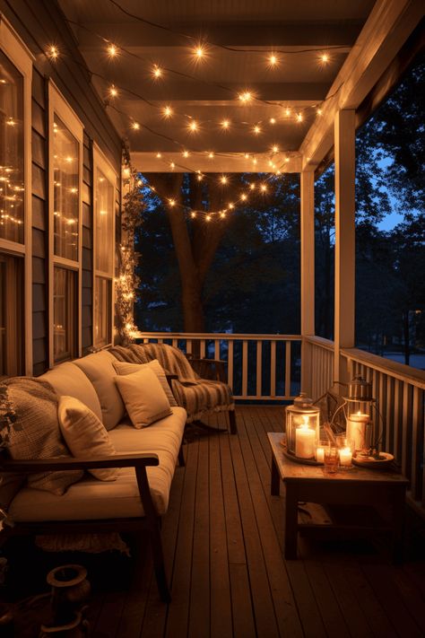 Decorate Large Front Porch, Front Porch Living Space, Front Porch Aesthetic Night, Big Porch Decorating Ideas, Added Front Porch, Cute Porch Decor Ideas, Cozy Yard, Front Porch Seating Ideas, Front Porch Lights