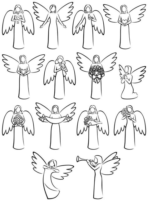 Angels Line Art Set Christmas Angels Drawing, How To Draw Angel, Angel Art Drawing Simple, Angel Line Art Tattoo, Simple Angel Drawing, Angel Line Drawing, Angel Graphic Design, Angel Line Art, Angel Drawing Easy