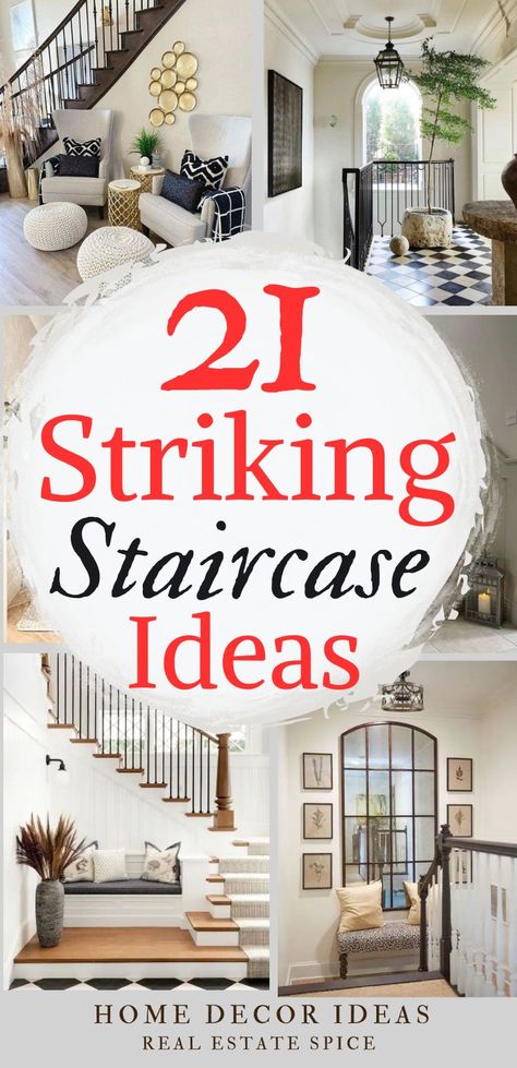 21 STRIKING Staircase Landing Ideas Switchback Stairs With Landing, Foyer Ideas Entryway Stairs Entrance, Stair Entrance Ideas, Stairway Decorating Entryway, Foyer Staircase Entryway Decor, Painted Staircases Ideas, Switchback Staircase Ideas, How To Decorate Stairs Wall, Entryway With Stairs Ideas