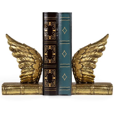 PRICES MAY VARY. [Decorative Book Ends] This Cute Lucky Wings statues book ends are with rustic color and vintage appearance, you can either put them on the shelves, coffee tables, night stand or desk to be as the home decoration or use to hold the books you like. [Premium Quality Bookends] Made of durable resin material with high quality paint, the hand lines are clear and full of texture. The anti-slip and non- scratching mat on the bottom can provide sufficient friction and stability to preve Harry Potter Book Ends, Cute Bookends, Book Stand Ideas, Bookends Gold, Hangout Area, Industrial Bookends, Shelves Books, Book Stopper, Ornate Books