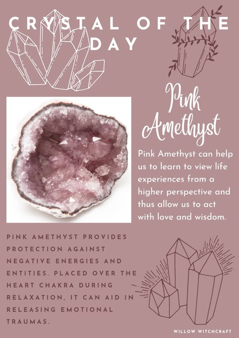 Willow Witchcraft Pink Amethyst Crystal Meaning, Geode Crystals Meaning, Pink Amethyst Meaning, Crystals Meaning, Pink Amethyst Crystal, Crystal Vibes, Earth Gift, Crystal Aesthetic, Crystal Guide