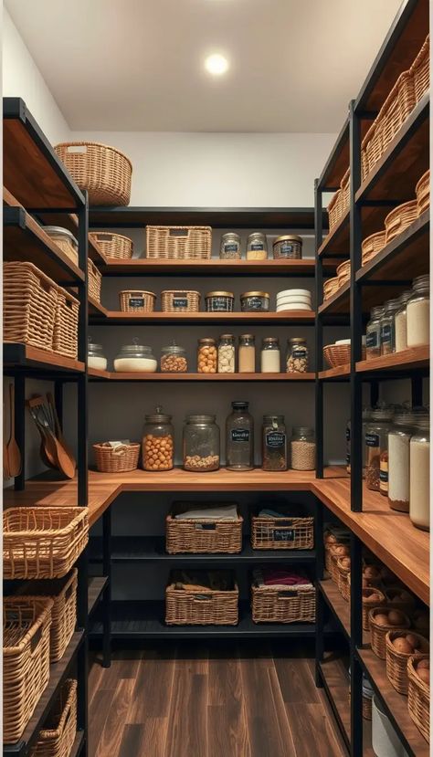 Pantry Design Wood Shelves, Pantry Storage Room Ideas, Pantry With Spice Rack, House Design Pantry, Dark Pantry Cabinets, Herbal Pantry Ideas, Black Shelves In Pantry, Home Interior Design Pantry, Barndominium Walk In Pantry