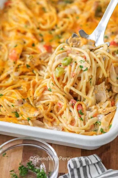 This easy cheesy Chicken Spaghetti casserole is made with shredded chicken, cheese, and spaghetti all in a homemade cheese sauce! Serve with some garlic bread and a side salad for the perfect meal. #chickenspaghetti #casserole #maindish #spendwithpennies Shredded Chicken With Pasta, Shredded Chicken And Pasta, Easy Cheesy Chicken Spaghetti, Cheesy Chicken Spaghetti Casserole, Casserole With Chicken, Easy Cheesy Chicken, Chicken Spaghetti Casserole, Cheesy Chicken Spaghetti, Homemade Cheese Sauce