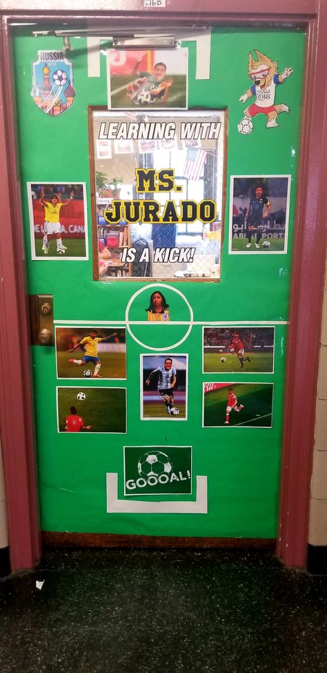 World Cup Soccer Classroom door Soccer Classroom Door, Door Bulletin Boards, Classroom Doors, Classroom Door, Bulletin Board, World Cup, Pixar, Soccer, Doors