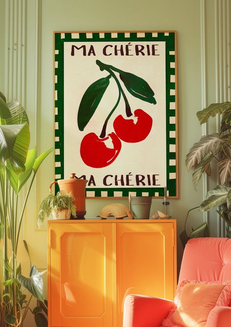 Cherry Poster, Retro Poster, Psychedelic Art, Kitchen Wall Decor, 70s Wall Art, Aesthetic Print, Eclectic Art, Vintage Decor, Maximalist Art Cherry Poster, Midcentury Wall Art, Trippy Posters, 70s Wall Art, Maximalist Art, Aesthetic Print, Wall Art Aesthetic, Maximalist Decor, Eclectic Art