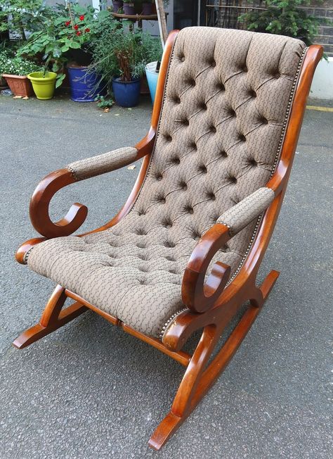 Our team did a super job with this chesterfield rocking chair, see our beautiful artwork. Diy Rocking Chair, Antique Rocking Chairs, Cristiano Ronaldo Wallpapers, Wooden Bed Design, Furniture Update, Traditional Furniture, Central London, Wooden Bed, Bespoke Furniture