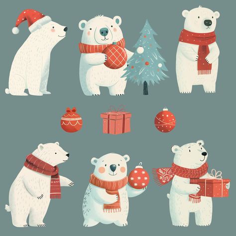 Christmas Animal Illustration, Christmas Bear Illustration, Polar Bear Drawing, Polar Bear Images, Polar Bear Cartoon, Polar Bear Illustration, Christmas Skating, Bear And Bunny, Christmas Polar Bear