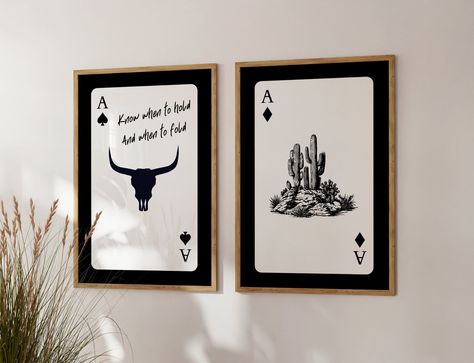 This set of 2 playing card wall art blends gothic and classic western for a truly stylish statement. Bull skull and desert cactus designs on abstract black playing cards, just the trendy addition you've been searching for! Printable wall art is an easy, affordable way to quickly showcase your unique decor style and transform your space. How it works: 🛒 Buy  ⬇️Download 🖨️Print  🖼️Hang After purchase, your download link will be sent instantly. Access your files in Etsy from a computer or laptop Trendy Gallery Wall, Playing Card Print, Cowgirl Wall Art, Gothic Poster, Western Gothic, Longhorn Bull, Modern Southwestern, Western Bedroom Decor, Cowboy Print