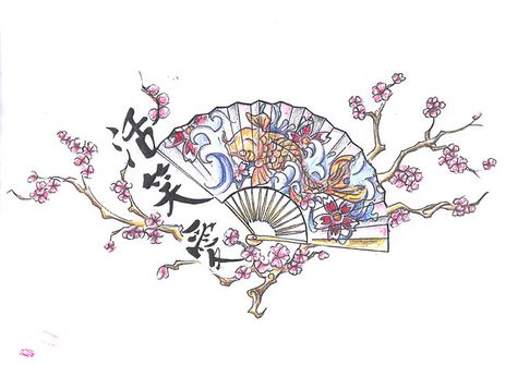 This is the closest drawing I have seen to what I want for a tattoo....except the fish. Capricorn Sign Tattoo, Tattoo Side, Cherry Blossom Drawing, Bluebird Tattoo, Henne Tattoo, Sparrow Tattoo, Fan Tattoo, Girls With Sleeve Tattoos, Fan Drawing