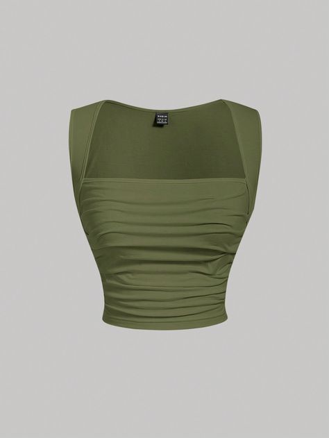 Army Green Casual Collar  Knitted Fabric Plain Tank Embellished Medium Stretch  Women Clothing Cute Square Neck Tops, Shein Green Top, Tops Verdes, Powerpuff Girls Costume, Army Green Blouse, Ruched Tank Top, Top Verde, Spring Summer Capsule Wardrobe, Polished Casual