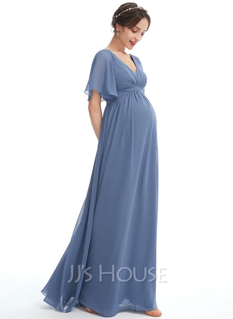 A-Line V-neck Floor-Length Bridesmaid Dress With Ruffle (007257445) - JJ's House Pregnant Bridesmaid Dress, Elegant Maternity Dresses, Short Sleeve Bridesmaid Dress, Princess Bridesmaid Dress, Maternity Bridesmaid Dresses, Sleeveless Bridesmaid Dresses, Fabric Embellishment, Ruffle Fabric, Mermaid Bridesmaid Dresses