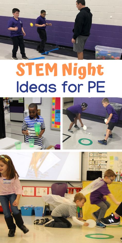 If you are looking for activities to include in your school’s STEM Night, or if you are just looking to add some STEM activities into your PE program, view the ideas below from PE teacher Jennie Graves. There are 4 activities she used for Family STEM Night at MSA West this year. The students loved the Rocket Launchers the best. The parents��’ favorite was Air Flow! #physed #STEMnight Stem Night Ideas, Stem Night Activities, Stem Family Night, Stem Night, Elementary Stem Activities, Elementary Physical Education, Elementary Pe, Physical Education Lessons, Pe Activities