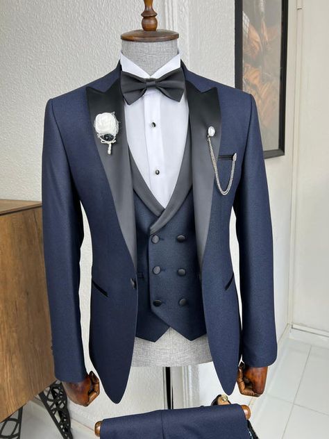 Navy Blue Tuxedo, Navy Blue Groom, Navy Blue Tuxedos, Black Suit Vest, Tuxedo Colors, Blue Tuxedo, Blue Tuxedos, Coat Suit, Pants Gift