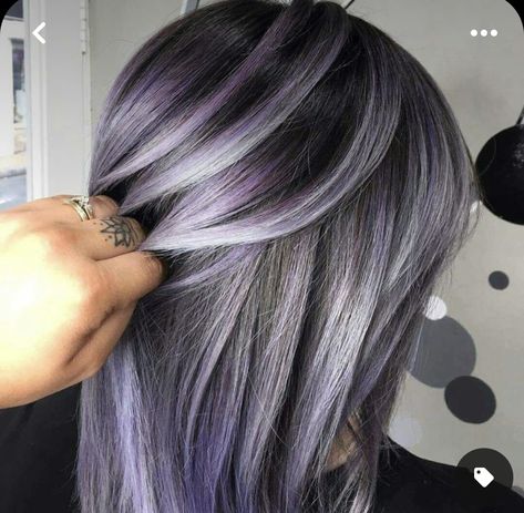 Cool Purple Hair Dye Ideas, Gray Hair With Color, Purple And Grey Hair, Grey And Purple Hair, Chunk Highlights, Grey Hair With Purple Highlights, Fun Haircolor, Lavender Grey Hair, Silver Purple Hair