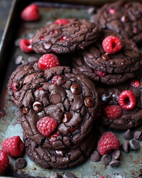 Recipes Trends | Raspberry Chocolate Cookies | Facebook Dark Chocolate Raspberry Cookies, Raspberry Chocolate Recipes, Chocolate Raspberry Cookies, Raspberry Cookie, Cookies Soft And Chewy, Raspberry Pie Filling, Raspberry Cheesecake Cookies, Chocolate Raspberry Cheesecake, Raspberry Desserts