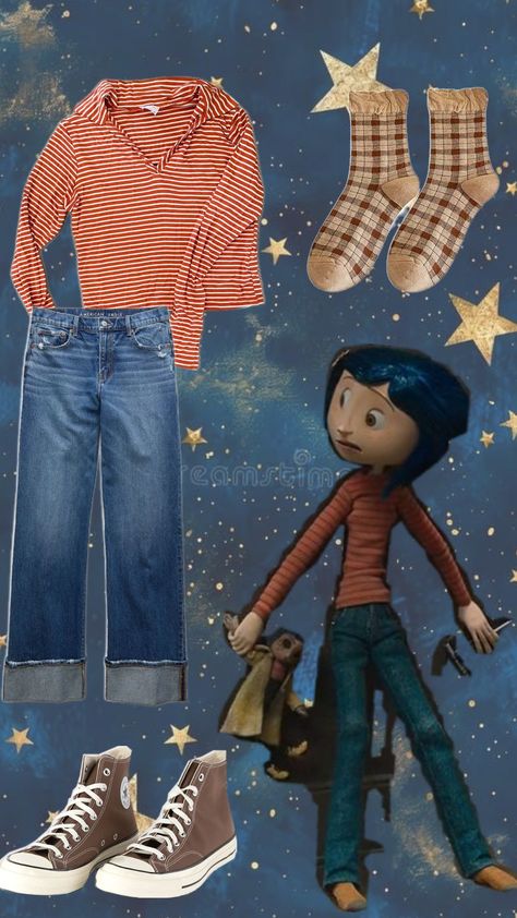 Coraline Outfit 4 #coraline #fitinspo Coraline Outfit, Tim Burton Party, Coraline Costume, Theatre Outfit, Coraline Movie, Coraline Aesthetic, Coraline Jones, Shell Crafts Diy, Halloween Inspo