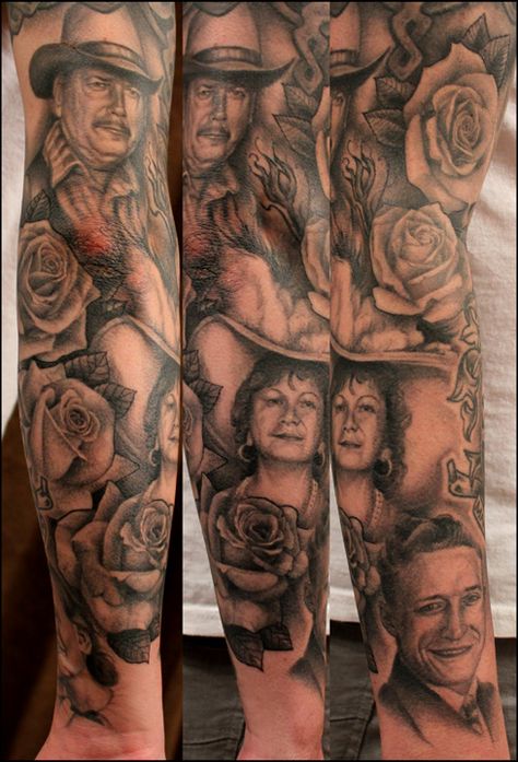 This is a magnificent family portrait sleeve done in an "old western" theme. JUSTE SPLENDIDE!!! Family Portrait Tattoo Sleeve, Family Portrait Tattoo, Shawn Barber, Mom Baby Tattoo, Portrait Tattoo Sleeve, Cat Portrait Tattoos, Medusa Tattoo Design, On Tattoo, Old Western