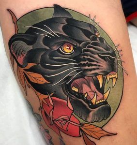 Panther Tattoos: Meanings, Tattoo Designs & Ideas Panther Tattoo Meaning, Traditional Panther Tattoo, Traditional Tattoo Man, Black Panther Tattoo, Tato Tradisional, Neotraditional Tattoo, Panther Tattoo, Tatuaje A Color, Traditional Tattoo Design