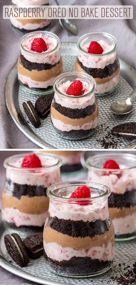 East Raspberry Oreo No Bake Dessert - Only 5 ingredients and ready in 15 minutes. Enjoy layers of raspberry cream, Oreos, Nutella cream and fresh raspberries. #happyfoodstube #raspberry #oreo #dessert #nobake #nutella #homemade #recipes   via @happyfoodstube Oreo No Bake Dessert, Oreo No Bake, East Dessert Recipes, Nutella Cream, Raspberry Desserts, Vegan Party, Raspberry Cream, Vegetarian Desserts, Sweet Cooking