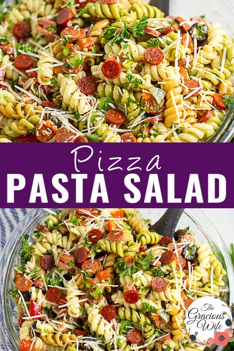 Fresh and zesty Pizza Pasta Salad is packed with flavor and fresh vegetables, plus cheese and pepperoni to include all of your favorite pizza toppings. One of our family favorite crowd-pleaser recipes that's great for potlucks, barbecues, and holidays. Pepperoni Ranch Pasta Salad, Pepperoni Salad Pasta, Pepperoni Pizza Salad, Salads That Go Well With Pizza, Hamburger Pasta Salad, Pepperoni Pasta Salad Recipes, Pizza Delight Pasta Salad Recipe, Pasta Salad Recipes Kid Friendly, Pasta Salad With Pepperoni And Cheese