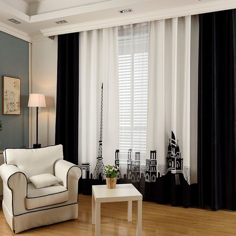 White And Black Curtains, Black And White Drapes, Black And White Curtains Living Room, Beige Curtains Living Room, White Curtains Living Room, Black Blackout Curtains, Color Block Curtains, Black Couches, White Blinds