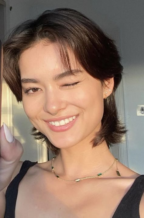 Short Hair Longer In Back, Hear Shape Face Haircut, Short But Feminine Hair, Shaggy Long Pixie Haircut, Modern Mullet Women Straight Hair, Short Haircut For Thick Straight Hair, Asian Short Haircuts For Women, Soft Shag Haircut Short Straight, Fleabag Haircut