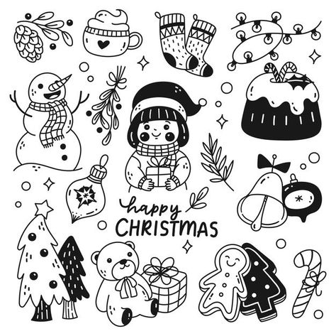 Set of cute christmas doodles isolated o... | Premium Vector #Freepik #vector #background #pattern #christmas #vintage Cute Christmas Doodles, Window Drawings, Doodles Christmas, Christmas Ornament Template, Christmas Sketch, Tree Doodle, Christmas Donuts, Christmas Tattoo, Ornament Template