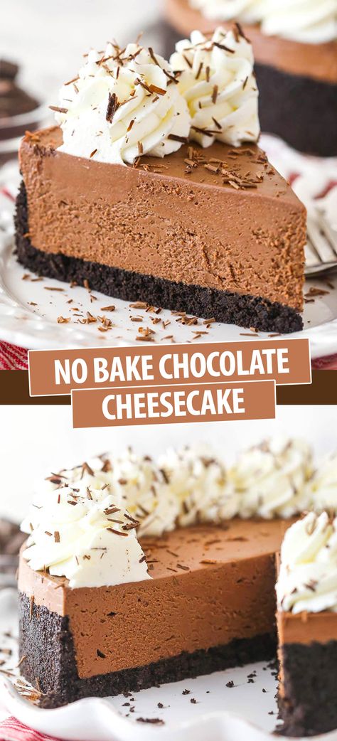 This No Bake Chocolate Cheesecake recipe is easy to make and requires no oven! It’s rich, creamy and full of chocolate flavor with melted chocolate, cocoa powder and a crunchy chocolate cookie crust! The perfect quick and easy dessert that’s sure to impress! Easy Beginner Desserts, Chocolate Dessert Ideas For Thanksgiving, Baking 3 Ingredients, Chocolate Cake With Cheesecake Filling, No Bake Butterscotch Cheesecake, Crustless Chocolate Cheesecake, Oven Free Desserts, Cheesecake With Chocolate Crust, Mexican Chocolate Cheesecake