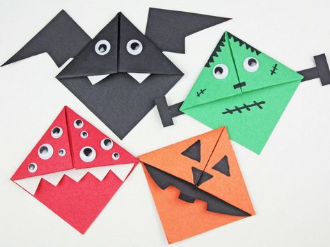 Fun, easy to make Halloween bookmarks brought to you by TwistOP.com Origami Bookmark Corner, Monster Bookmark, Halloween Origami, Origami Bookmarks, Halloween Crafts Preschool, Halloween Decorations For Kids, Origami Bookmark, Theme Harry Potter, Bookmark Craft