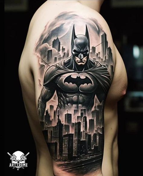 Batman Sleeve Tattoo, Gotham City Tattoo, Batman Tattoo For Men, Oscar Tattoo, Batman Tattoo Design, Batman Tattoo Ideas, Batman Tattoo Sleeve, Batman Joker Tattoo, Batman Logo Tattoo