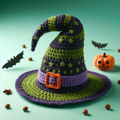 Crochet witch hat pattern perfect for Halloween, featuring green and purple stripes, stars, and an orange buckle. Crochet Witch Pattern, Crochet Witch Hat Pattern, Crochet Halloween Hat, Crochet Witch Hat, A Witch Costume, Crochet Witch, Witch Pattern, Crochet Autumn, Crochet Holiday