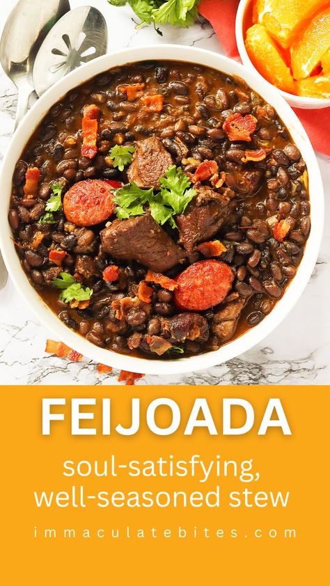 The combination of meat and beans tastes glorious. This Feijoada - exquisite slow-food meal brings people together, drawing everyone around the table to share food, conversation, and laughter. 🥰 Feijoada Recipe, Food Conversation, Steamed White Rice, National Dish, Collard Greens, Slow Food, White Rice, Food Bloggers, Food Blogger