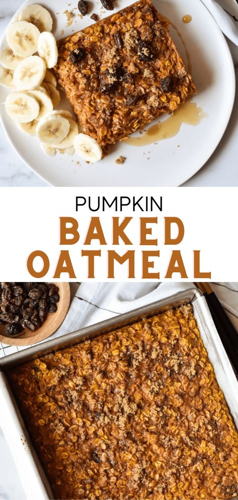 This healthy baked oatmeal is the best fall breakfast. Oats, warm spices, canned pumpkin, and caramelized brown sugar topping. If you love pumpkin spice anything, you'll want to bake this oatmeal for a brunch or cozy morning recipe! Pumpkin Spice Oatmeal Bake, Pumpkin Oatmeal Loaf, Pumpkin Rolled Oats, Pumpkin Banana Baked Oatmeal, Pumpkin Baked Oatmeal Recipes, Healthy Pumpkin Baked Oats, Pumpkin Healthy Breakfast, Healthy Pumpkin Oatmeal Bake, Fall Baked Oats