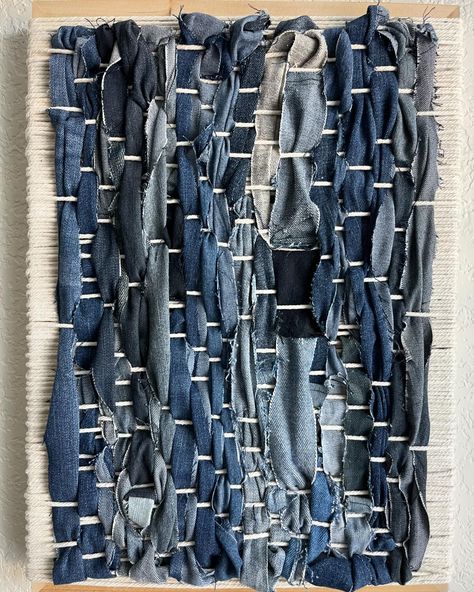 Recycled Denim Jeans Woven Tile Wall Hanging 👖✂️♻️ . . . #jeans #recycledart #recycle #wovenwallhanging #wallart #madewelljeans #levi #gap #madewell #denim #fiberart #modernart #art #artcurator Denim Display, Gallery Art Wall, Textiles Sketchbook, Woven Wall Decor, Weaving Wall Hanging, Weaving Kit, Denim Art, Fabric Wall Art, Tile Wall