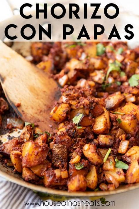 Chorizo con Papas is a classic Mexican dish that combines soft, seasoned potatoes with spicy chorizo sausage for a filling breakfast! | mexican breakfast recipes chorizo | mexican breakfast recipes authentic | mexican breakfast recipes easy | chorizo con papas recipes | papas con chorizo recipe Chorizo And Papas, Chorizo With Potatoes, Chorizo Hash Recipe, Potatoes And Chorizo Recipes, Blackstone Chorizo Recipes, Chorizo Breakfast Scramble, Colombian Chorizo Recipes, Chorizo And Potatoes Tacos, Chorizo Sausage Breakfast Recipes