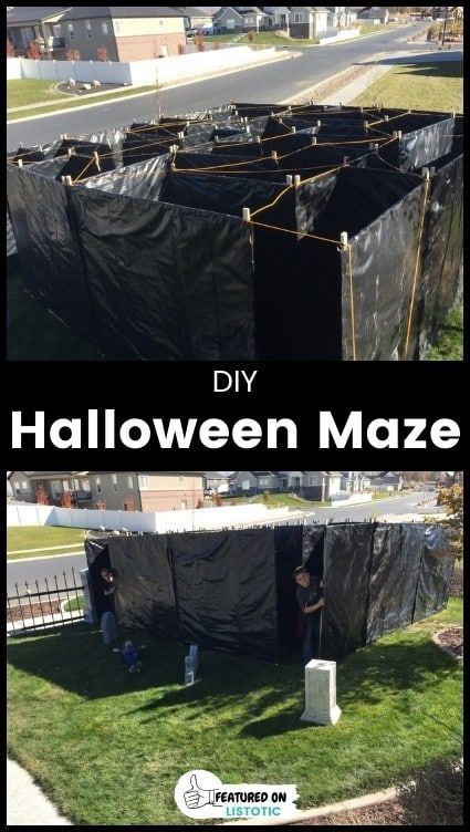 Your kids are sure to have a blast navigating this easy DIY Halloween maze. See this fun backyard Halloween idea plus more easy ideas for your Halloween outdoor decorations on Listotic. Spooky Maze Ideas, Sensory Haunted House Ideas, Maze Diy Outdoor, Diy Backyard Halloween Party, Diy Haunted Backyard, Spooky Maze Diy, Scary Halloween Theme Ideas, Halloween Party Yard Decorations, Maze Ideas Outdoor