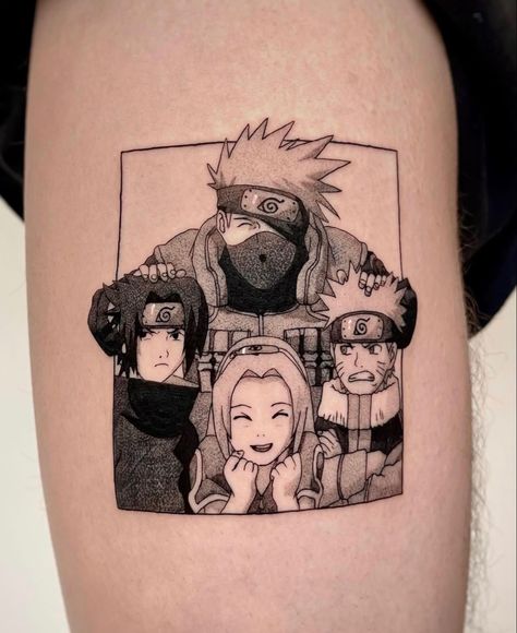 Team 7 Kakashi, Naruto, Sasuke and Sakura Team 7 Tattoo Ideas, Anime Square Tattoo, Naruto Team 7 Tattoo, Team 7 Tattoo, Kakashi Hatake Tattoo Ideas, Naruto Inspired Tattoos, Naruto Shippuden Tattoo Ideas, Naruto Sleeve, Sasuke Tattoo