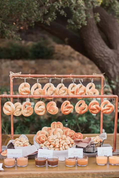 Wedding Food Bars, Cocktail Hour Food, Pretzel Bars, Wedding Food Stations, Drink Display, Wedding Appetizers, Cocktail Hour Wedding, Reception Food, Wedding Reception Food