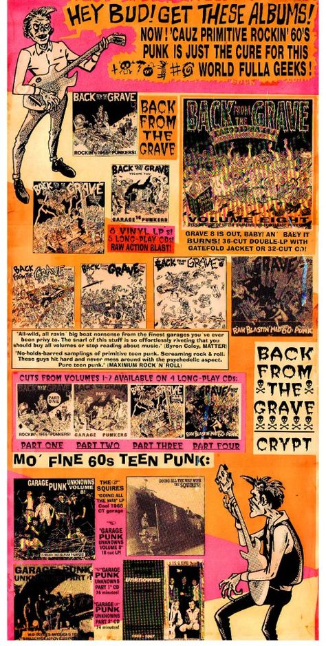 Back From The Grave - Crypt Records.  My favorite series of 60's garage rock! 60s Garage Rock Aesthetic, 60s Garage Rock, Garage Rock Aesthetic, Rock Band Photos, Garage Punk, Old School Tattoos, Underground Garage, 1960s Music, Rock Aesthetic