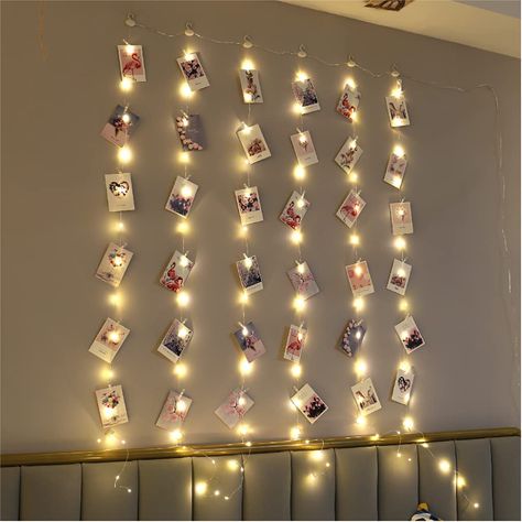 Fairy Lights On Wall, Fairy Lights Photos, Light Picture Wall, Wall String Lights, Collage Mural, Led Curtain Lights, Fairy Lights Bedroom, Led Curtain, Curtain String Lights