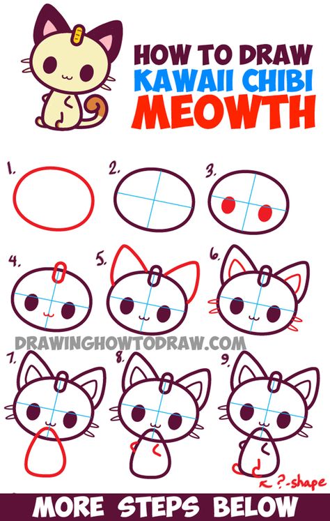 How to Draw Kawaii Chibi Meowth from Pokemon - Simple Drawing Tutorial Simple Drawing Tutorial, Draw Kawaii, How To Draw Steps, Kawaii Chibi, Kawaii Doodles, Happy Drawing, Pokemon Drawings, Chibi Drawings, Cute Easy Drawings