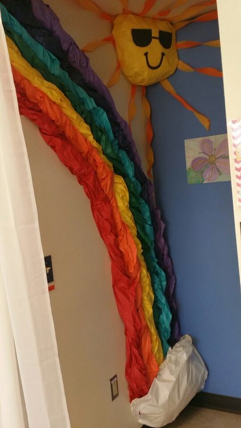 Rainbow.  Classroom.  Butcher paper.  Clouds. Kindergarten. School Hallway Decorations, Paper Clouds, Preschool Rooms, Rainbow Classroom, School Hallways, Creative Curriculum, Rainbow Room, School Daze, Rainbow Paper